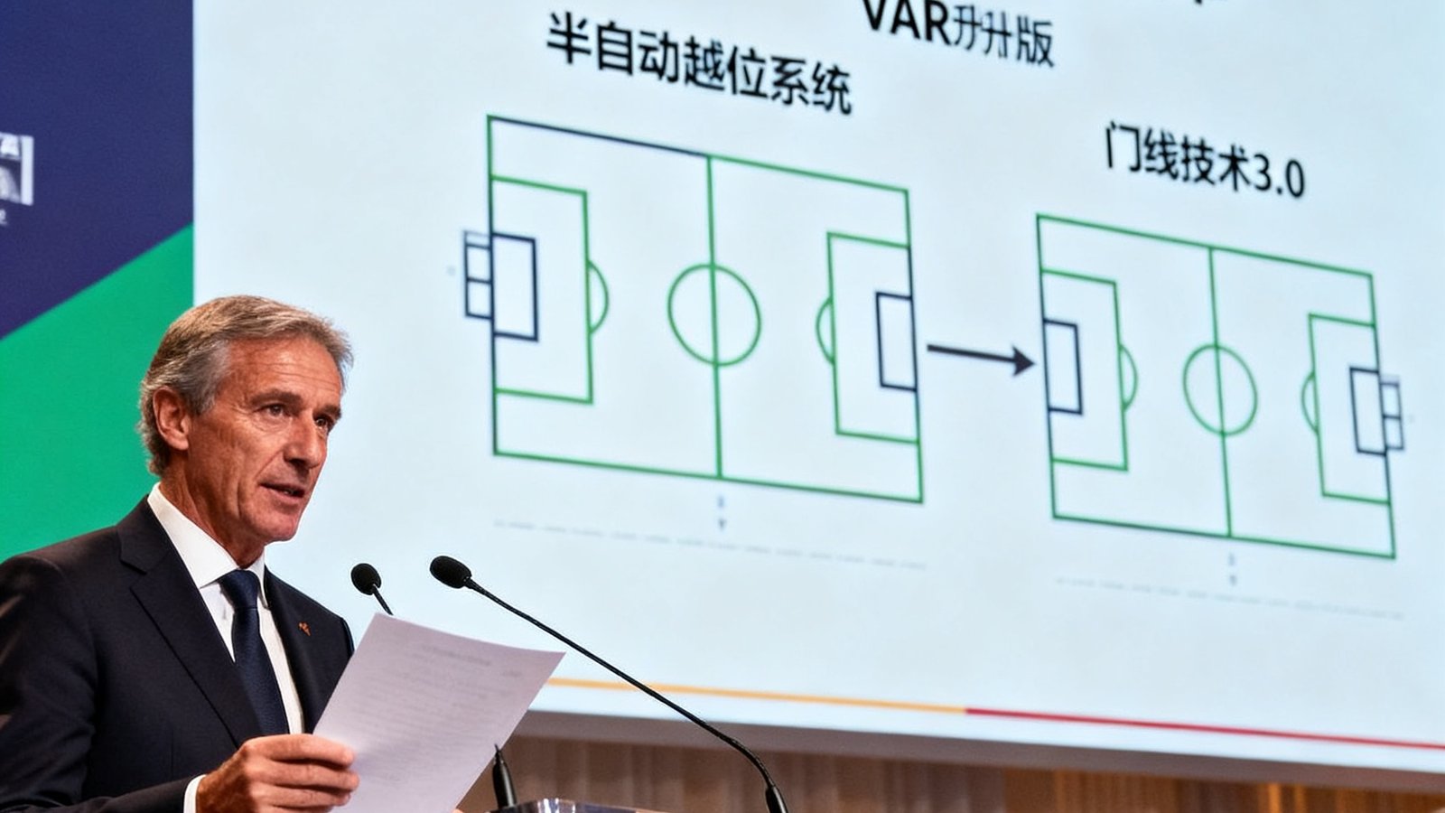 国际足联新闻发布会现场照片，官员正在宣布2026世界杯裁判名单，背景屏幕上展示VAR升级版技术架构图，包括半自动越位系统和门线技术3.0的示意图