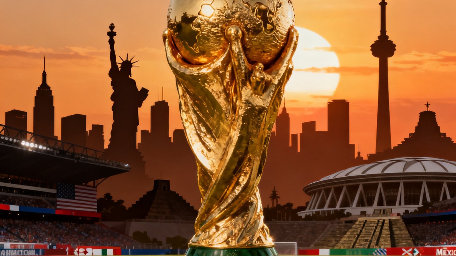 2026年世界杯官方宣传海报风格视觉，金色大力神杯矗立于球场中央，背景融合美国、加拿大、墨西哥三国标志性城市天际线剪影，夕阳暖色调烘托出庄严而热烈的赛事氛围，远处可见纽约自由女神像轮廓、多伦多CN塔和墨西哥城阿兹特克体育场的剪影