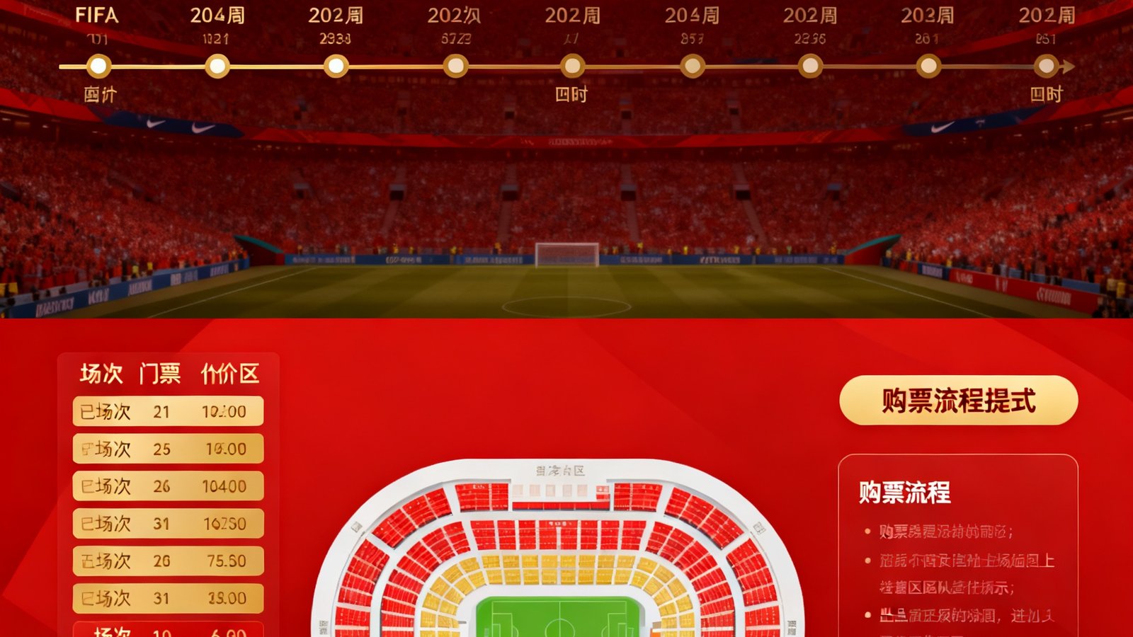 门票服务功能页面展示，上半部分为FIFA官方售票时间线倒计时，下半部分为各场次门票价格区间、座位分布图和购票流程指引，页面右侧有'开启预售提醒'的醒目按钮，整体设计以红色和金色为主色调
